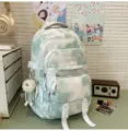 Zaino scolastico alla moda con sfumatura tie-dye per studenti con tasche e ciondolo. - Palla di Pelo Bianca Con Gambe Lunghe / Verde