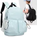 Mochila casual azul claro linda con bolsillos de cordón y lazo de encaje para estudiantes viaje. - Lazo de Perlas / Azul claro