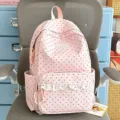 Pink polka dot backpack with cute white lace trim, stylish student school bag for daily use. - Pink