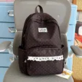 Brown polka dot backpack with white lace ruffle sweet school bag for daily casual student use. - Brown