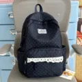 Dark blue polka dot backpack with white lace trim, cute casual daily school bag for girls. - Navy Blue