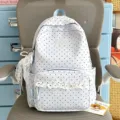 Cute light blue polka dot backpack with white lace trim, stylish student school bag for daily use. - With Charm / Blue
