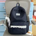 Dark blue polka dot backpack with white lace frill, cute sweet style school bag for students. - With Charm / Navy Blue