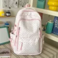 Pink sweet style multi-compartment backpack with rabbit print for cute daily school use. - No Pendant / Pink