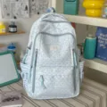 Cute rabbit print multi-compartment school backpack for girls, sweet Japanese style daily bag. - No Pendant / Blue