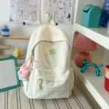 Lime green four-leaf clover embroidered backpack, sweet casual style, perfect for daily use. - With Charm / S / White