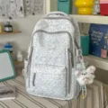 Grey cute bunny print school backpack, Japanese ins style sweet multi-compartment student bag - With Charm / Gray