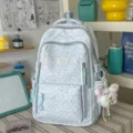 Cute Japanese style rabbit print school backpack with multi compartments for teenage girls - With Charm / Blue