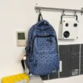 Retro denim backpack with star pattern school bag casual multi-compartment travel daypack - Blue With Baseball Pendant