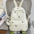 White mini backpack with cute black bear embroidery, Japanese style casual daypack for girls. - With Charm / White
