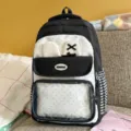 Black and white polka dot student backpack with cute bunny ears design, casual school bag. - Backpack Without Pendant / Black