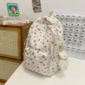 White cherry print school backpack sweet casual daily student book bag with cute bear pendant. - Cherry with Blush Bear