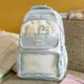 Cute light blue student backpack with bunny ears and clear front pocket, sweet school bag. - Backpack Without Pendant / Blue