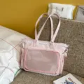 Pink cute canvas ita bag with transparent front pocket, lace trim and stars for girls. - No Pendant / Yellow