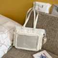 Canvas star print transparent window shoulder crossbody tote bag casual student school bag - No Pendant / White