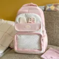 Pink cute bunny ears backpack sweet style student school bag with front transparent pocket. - Backpack Without Pendant / Pink