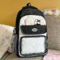 Cute black white polka dot backpack with bunny ears and transparent front pocket for students. - Backpack And Plush Pendant / Black
