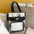 Black and white polka dot backpack with cute rabbit ears, clear front pocket, spacious tote. - Shoulder Bag with Pendant / Black