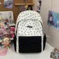 Japanese style cute star print canvas backpack for students, casual lightweight school bag. - L / Black