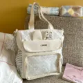 Cute cream polka dot canvas backpack with bunny ears and clear front pocket for daily use - Shoulder Bag with Pendant / White