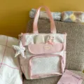 Pink polka dot canvas tote bag with cute bunny ears and clear front pocket for daily wear. - Shoulder Bag with Pendant / Pink