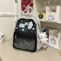 Sac à dos gris et noir à pois avec poche transparente et joli pendentif kawaii. - S / Avec Charme / Noir