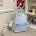 Sac à dos d'école mignon bleu clair et gris avec patch d'ours et pendentif pour étudiants. - S / Avec Charme / Bleu