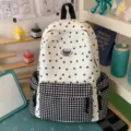 Sweet star print and plaid patchwork backpack in white and black, perfect for daily student travel. - No Pendant / Black