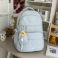 Light blue student campus backpack with cute star print and plush charm design bag - No Pendant / Blue