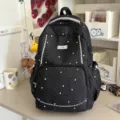 Cute black star pattern backpack with white lace trim for school student travel daily use - No Pendant / Black