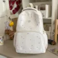 Cute white star print backpack with lace trim, casual school travel daypack for girls - No Pendant / White