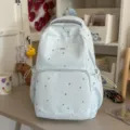 Light blue cute star print backpack with lace trim, perfect for school and daily travel. - No Pendant / Blue