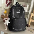 Black Star Print Student Backpack with White Lace Trim Cute Casual Daypack Bookbag - With Charm / Black