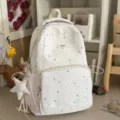 White star print canvas backpack with lace trim, cute school bag for teens and travel. - With Charm / White