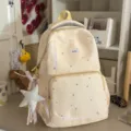 Cute beige star pattern canvas backpack with lace trim, sweet style school bag for daily use. - With Charm / Yellow