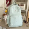 Cute mint green star print backpack with lace trim, perfect for school, travel, and daily use. - With Charm / Green