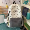 Cute white star printed and black plaid patchwork backpack for girls, sweet student school bag. - With Cute Star Ball Pendant / Black