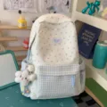 Cute blue star print canvas backpack with sweet plaid pocket and plush cloud pendant for girls. - With Cute Star Ball Pendant / Blue