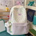 Cute purple star gingham backpack with plush pendant sweet aesthetic school bag for girls - With Cute Star Ball Pendant / Purple