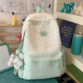 Cute star gingham backpack sweet pastel school bag casual daily travel daypack for students - With Cute Star Ball Pendant / Green