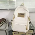 Casual beige canvas backpack with multiple compartments, large capacity daily school bag. - No Pendant / L / White