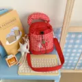 Red plaid canvas crossbody bag with cute strawberry embroidery, perfect for summer daily use. - With Pendant / Red
