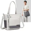 Grey color-blocking canvas tote bag, casual Korean style shoulder bag for daily commuting. - Light Gray