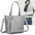 Grey canvas tote bag for men and women, casual student shoulder bag with front pocket. - Gray