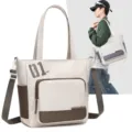 Korean style color-block tote bag, casual shoulder bag for students and daily commute. - Beige
