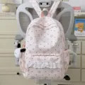 Japanese Lolita style pink star pattern backpack with cute lace trim and small front pocket for daily use. - Dog Pendant / L / Pink