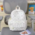 Cute white canvas backpack with star pattern and lace ruffle for women daily casual use - No Pendant / S / White