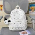 Lolita Style Cute Star Print White Backpack with Ruffle Lace Trim and Puppy Pendant Bag - Dog Pendant / S / White