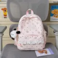 Pink Lolita star print backpack with sweet lace ruffle and cute puppy pendant for daily use. - Dog Pendant / S / Pink