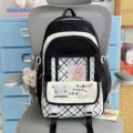 Stile giapponese carino zaino a quadri in pizzo multi-scomparto borsa scolastica nero bianco - Con Pendente / Nero